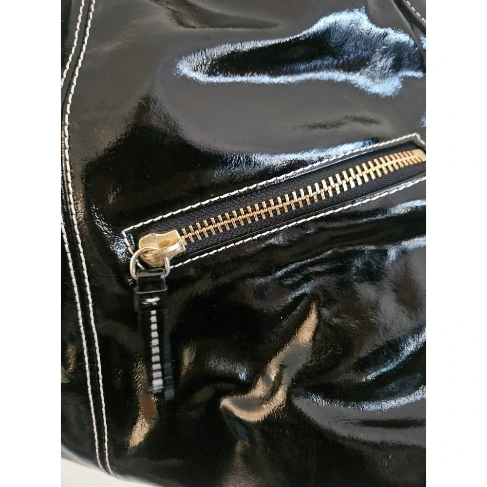 Dooney‎ & Bourke Luisa Black Patent Leather Hobo Bag White Stitching Gingham EUC